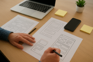 Graphic designer sketching logo concepts on tablet and paper, illustrating creative process and design thinking.