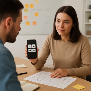 Creative designer workspace with laptop, sketchpad, and color palette representing purpose-driven and thoughtful design.
